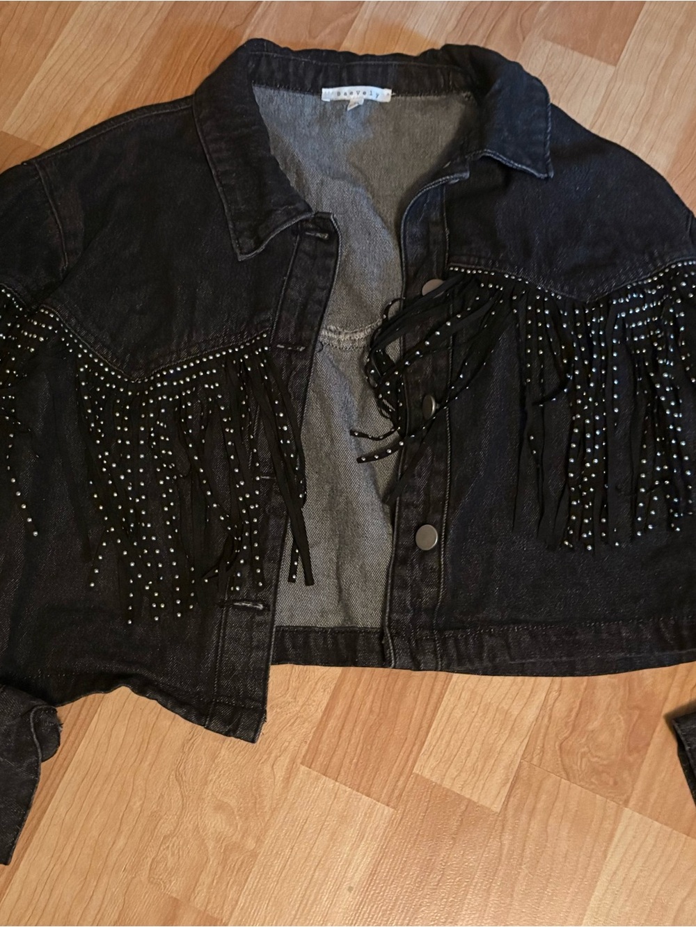 BaeVely Black Studded Fringe Cropped Jean Jacket